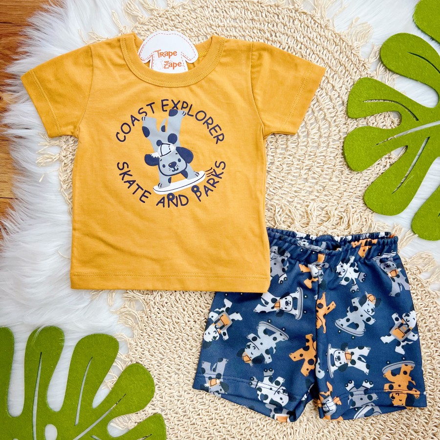 Conj. Camiseta Coast Explorer e Bermuda Doguinhos - Mostarda e Marinho
